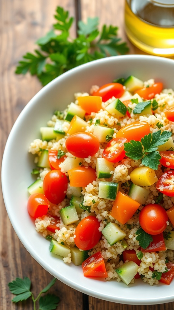 A bowl of colorful Whole30 quinoa salad with cucumbers, cherry tomatoes, and parsley on a wooden table.